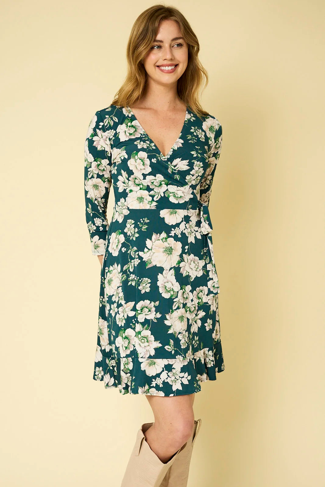 Floral Wrap Tie 3/4 Sleeve V Neck Mini Dress