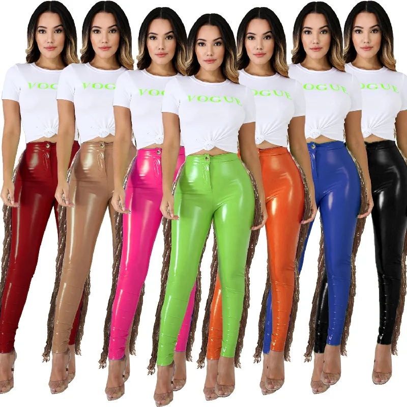 OUDINA Women's Fashion Pants With Tassels Stretch Tight PU Leather Sequined Fringed Pants For Ladies