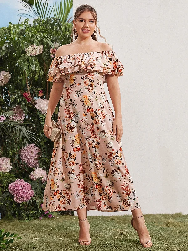 Boho Floral Ruffle Short Sleeve Off The Shoulder Flared High Waist Maxi Plus Size Dress Sophisticated Women's Boho Floral Ruffle Short Sleeve Off The Shoulder Flared High Waist Maxi Plus Size Dress Sophisticated Women's