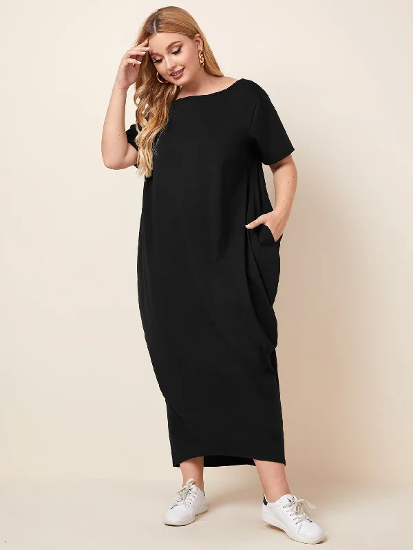 Casual Plain Pocket Short Sleeve Boat Neck Straight Long Plus Size Dress Cozy Women's Winter Casual Plain Pocket Short Sleeve Boat Neck Straight Long Plus Size Dress Cozy Women's Winter