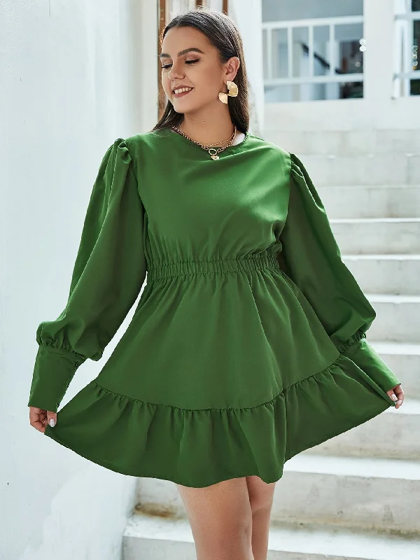 Casual Plain Ruffle Hem Long Sleeve Stand Collar Flounce High Waist Short Plus Size Dress