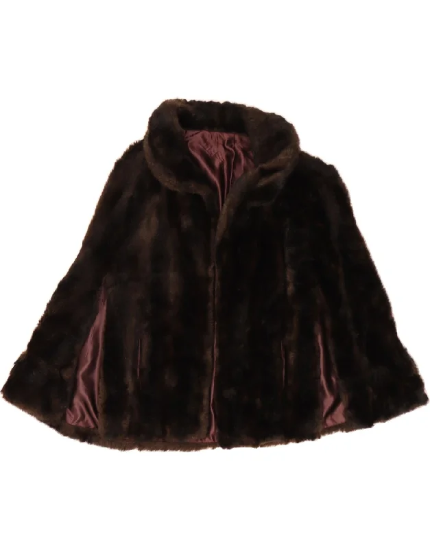 VINTAGE Womens Faux Fur Cape Coat UK 16 Large Brown