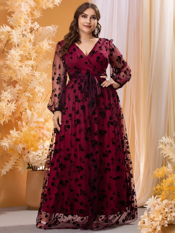 Glamorous Floral Contrast Mesh Long Sleeve V Neck Flared High Waist Maxi Plus Size Dress