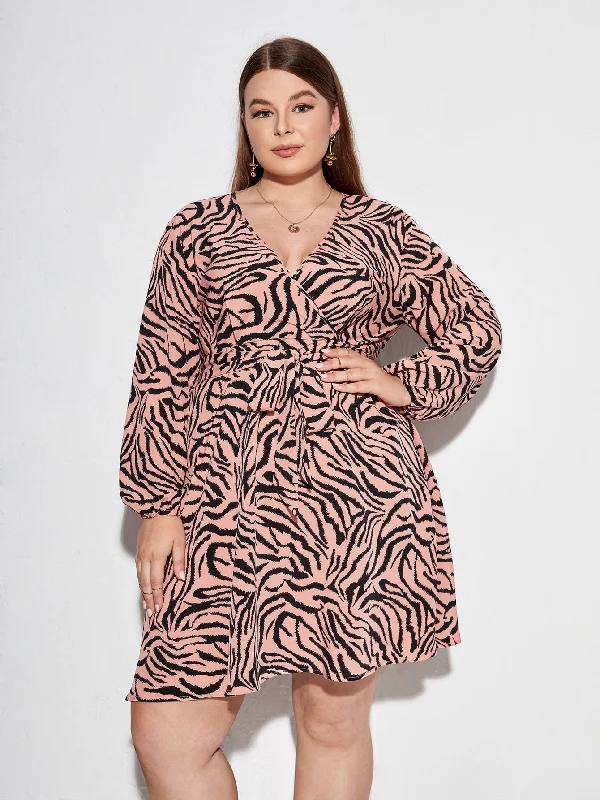 Elegant Zebra Stripe Wrap Long Sleeve V Neck Flared High Waist Short Plus Size Dress