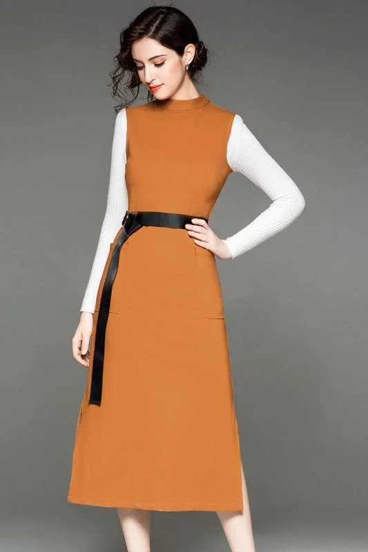Brown Sleeveless Dress W/ Belt French