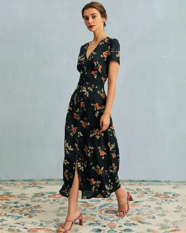 The Black V Neck Floral Short Sleeve Maxi Dress British Gentlewoman Style