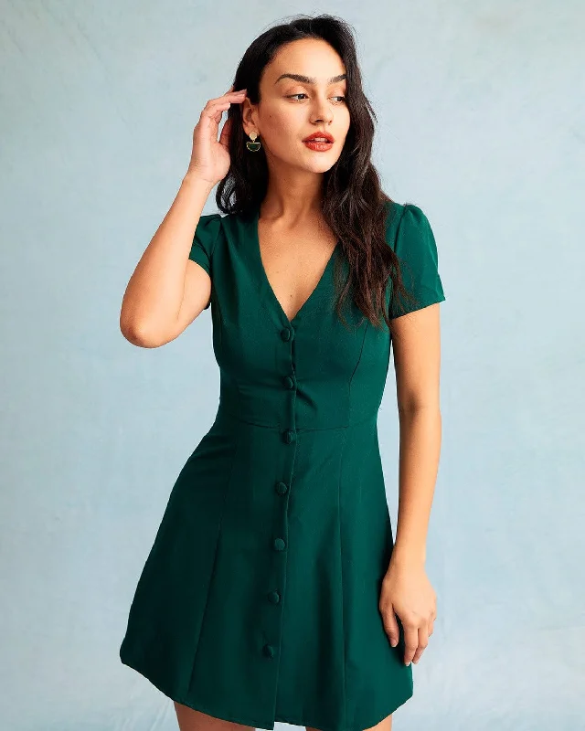 The Dark Green V Neck Button-up Shirt Mini Dress Monochromatic All - in - one