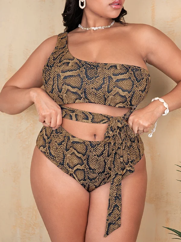 Sexy Snakeskin Print Knot One Shoulder Plus Size One-Pieces