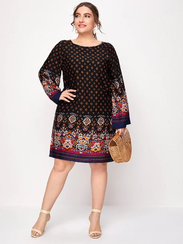 Boho Paisley Long Sleeve Round Neck Straight Natural Short Plus Size Dress