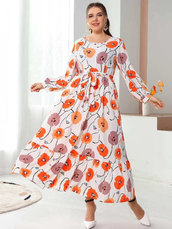 Boho All Over Print Ruffle Hem Long Sleeve Round Neck Flounce High Waist Long Plus Size Dress