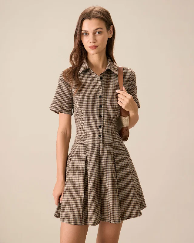 Brown Plaid Lapel Pleated Mini Dress Scandinavian