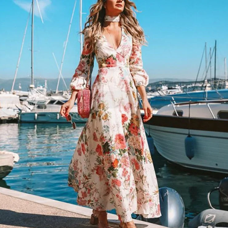 Fashion Deep V Long Sleeve Floral Print Dresses Wholesale Dresses