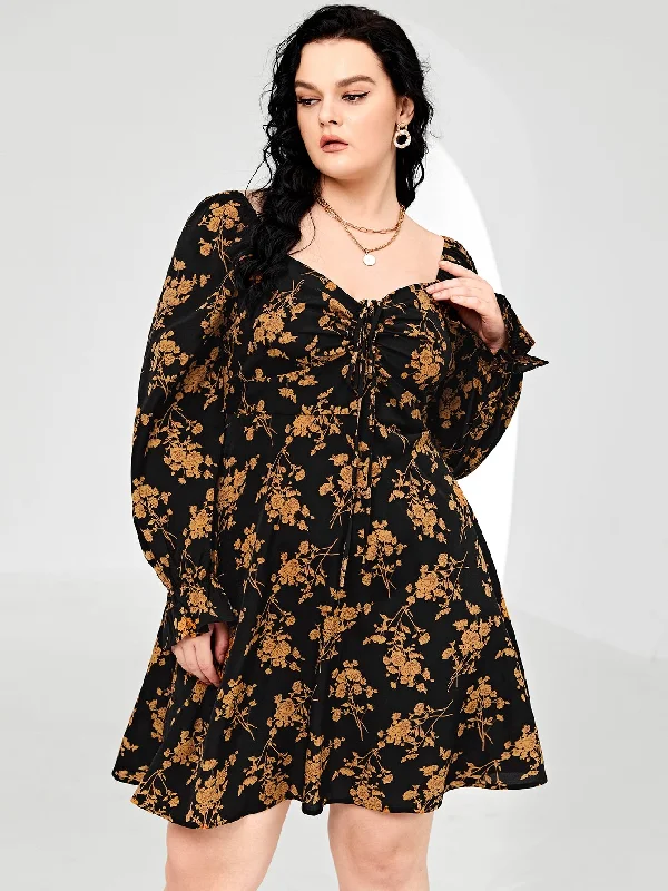 Boho All Over Print Ruffle Long Sleeve Sweetheart Flared High Waist Short Plus Size Dress