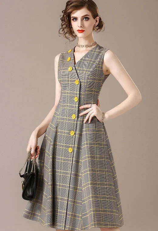 Sleeveless Plaid Dress W/ Buttons Preppy Women's College