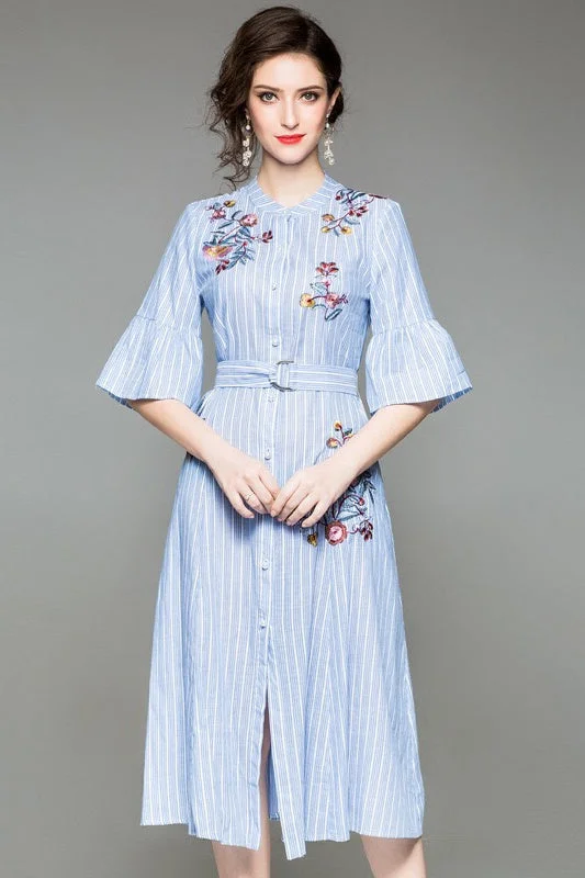Blue and White Stripe Embroidered Dress Sharp Women's Italian