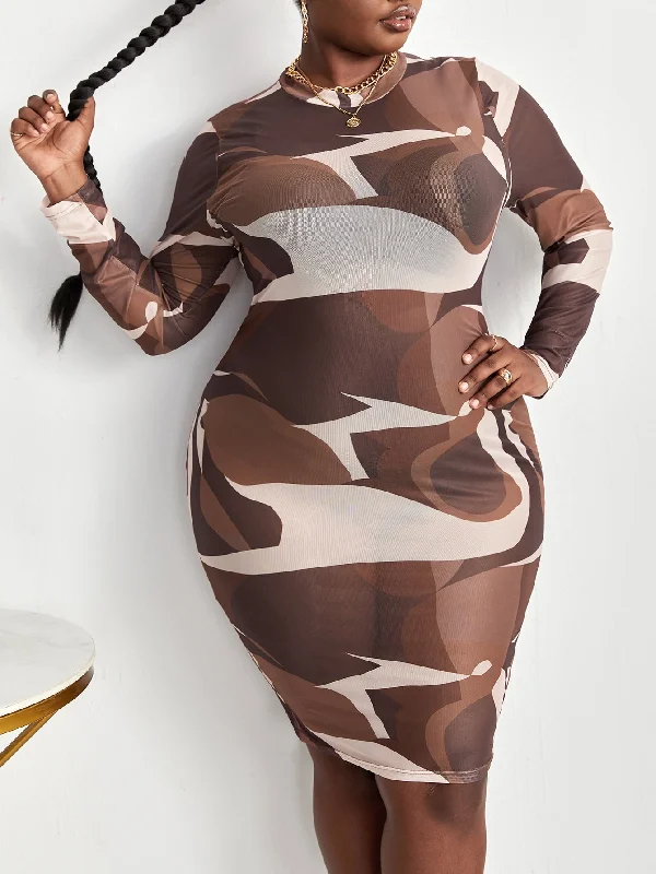 Sexy Graphic Sheer Long Sleeve Round Neck Pencil Natural Knee Length Plus Size Dress