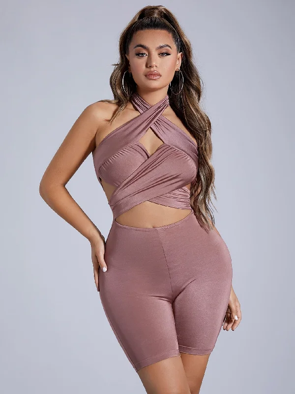 Sexy Plain Tie Back Sleeveless Halter Natural Short Women Jumpsuit