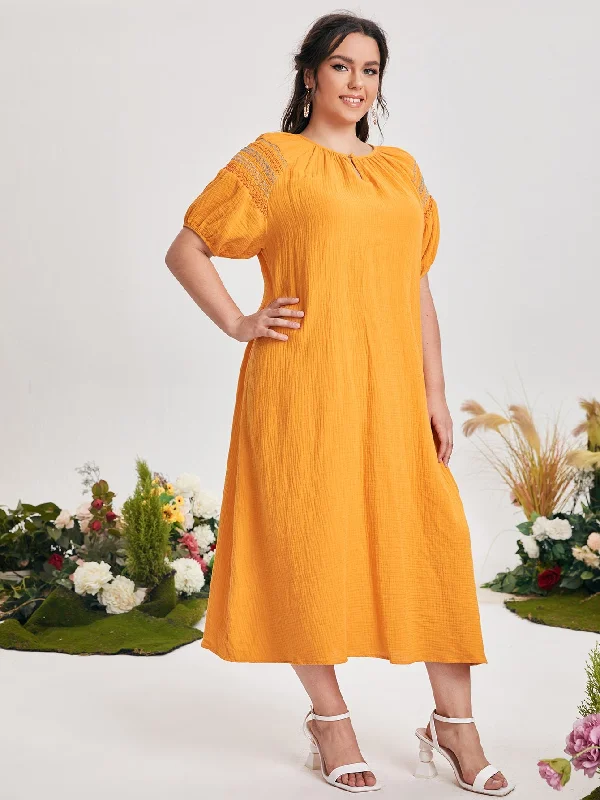 Boho Plain Embroidery Short Sleeve Keyhole Neckline Straight Natural Long Plus Size Dress Business Boho Plain Embroidery Short Sleeve Keyhole Neckline Straight Natural Long Plus Size Dress Business