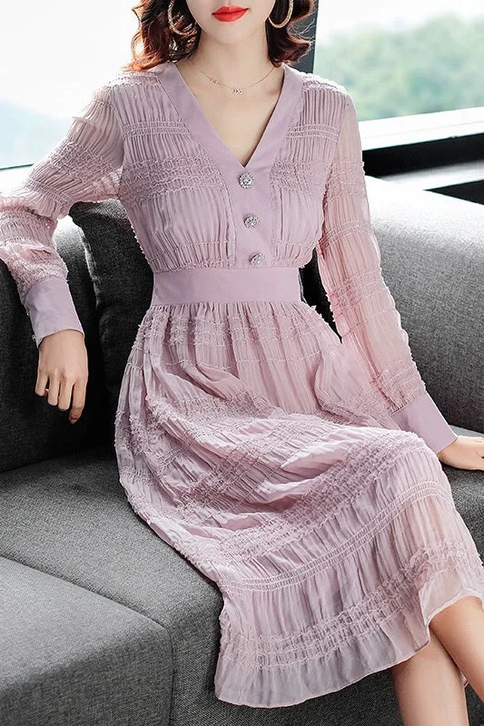 V Neck Dress W/ Jewel Button Practical Women's Quick - dry