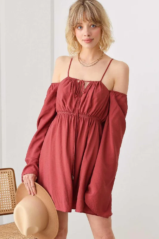 Boho Drawstring Halter Neck Smocked Bust Long Puff Sleeve Dress