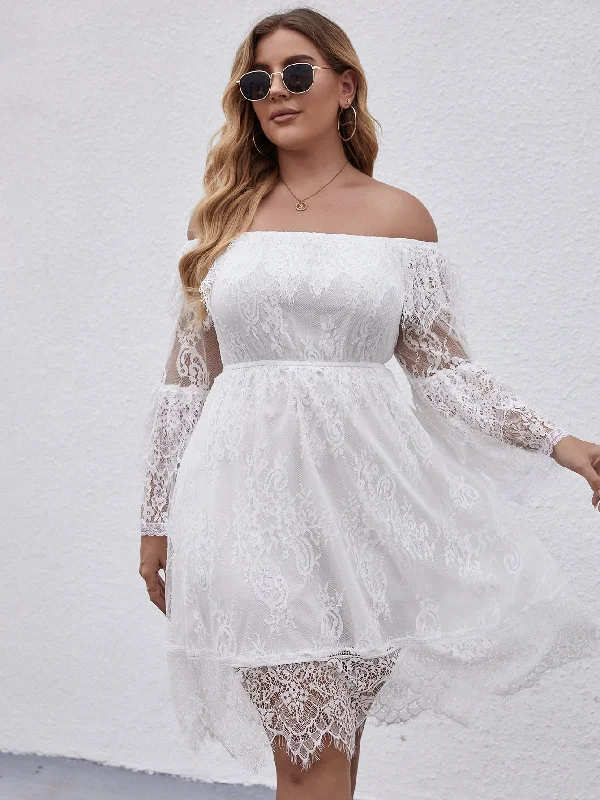 Romantic Plain Long Sleeve Off The Shoulder Flared High Waist Knee Length Plus Size Dress