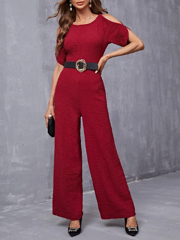 Elegant Plain Short Sleeve Round Neck High Waist Long Women Jumpsuit