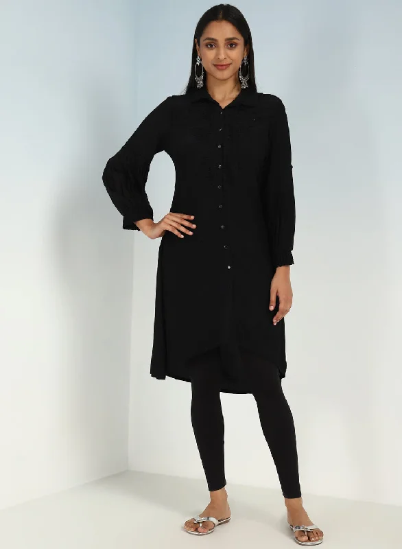 Black Kurti with Curved Hem and Pleated Sleeves