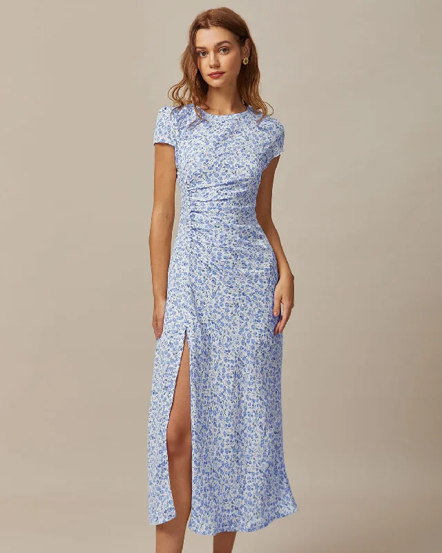 The Blue Round Neck Floral Slit Midi Dress Youthful Women's Anime - inspired