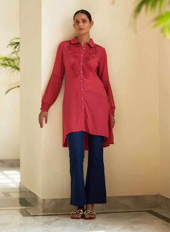 Watermelon Pink Kurti with Curved Hem and Pleated Sleeves