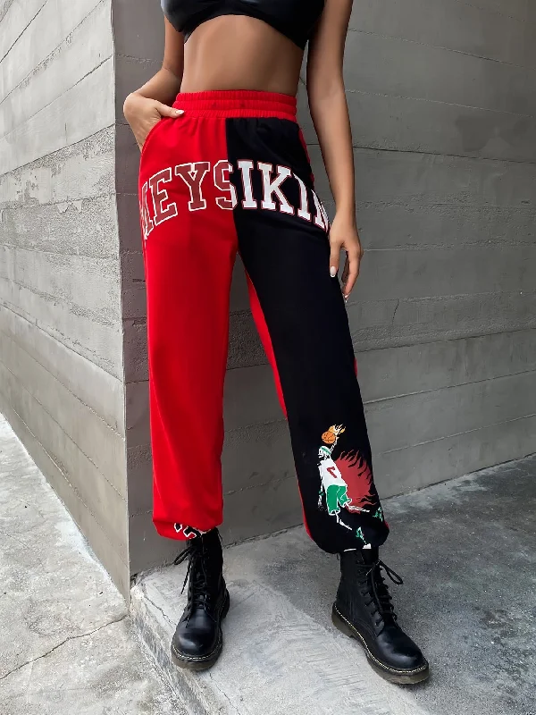 Sporty Colorblock Drawstring Natural Long Women Pants