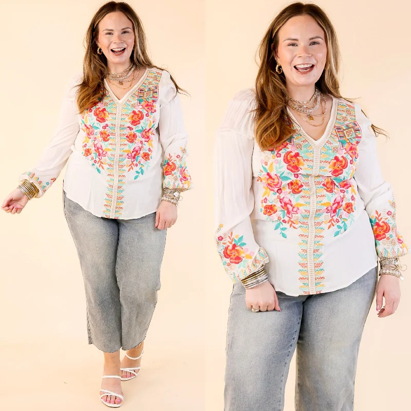 Brunch With Me Long Sleeve Embroidered Top with V Neckline in White