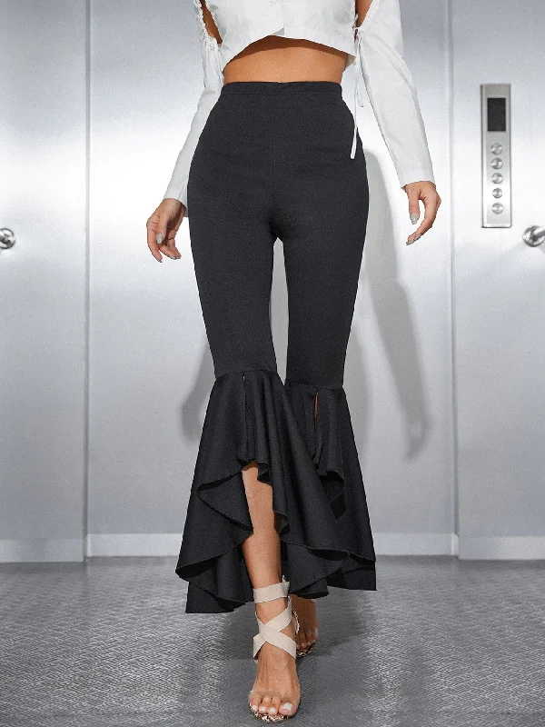 Elegant Plain Ruffle Hem High Waist Long Women Pants