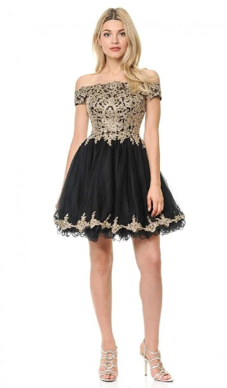 Lenovia - 8124 Gold Lace Appliqued Off Shoulder A-Line Dress Vintage Women's 1970S Lenovia - 8124 Gold Lace Appliqued Off Shoulder A-Line Dress Vintage Women's 1970S