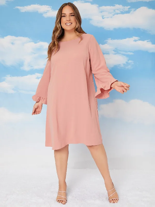 Casual Plain Ruffle Long Sleeve Round Neck Straight Natural Midi Plus Size Dress