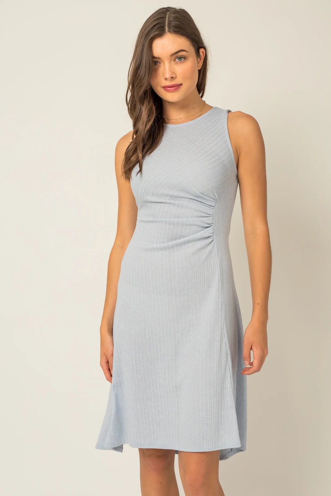 Ribbed Sleeveless Side Shirring Detail Midi Dress