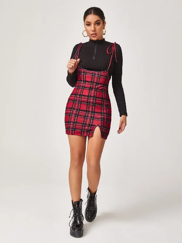 Tartan Knot Sleeveless Spaghetti Strap Slit High Waist Mini Dress