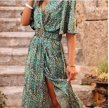 Casual V-Neck Short-Sleeved Floral Print Skinny Waist Dresses Wholesale Dresses