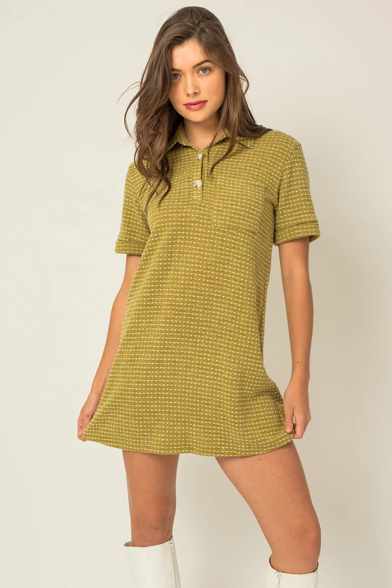 Short Sleeve Collar Button Down Knit Mini Dress