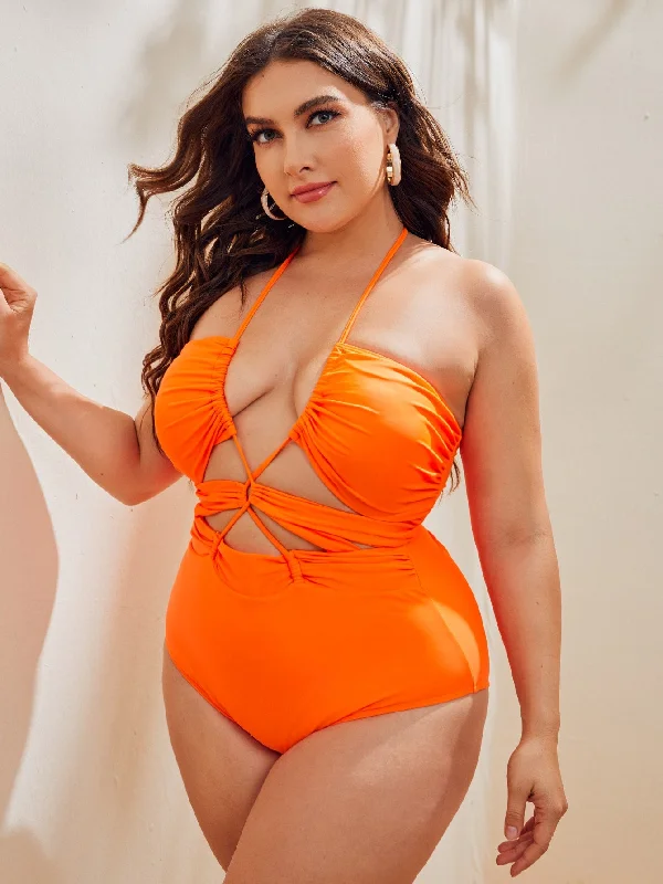 Sexy Plain Lace Up Halter Plus Size One-Pieces