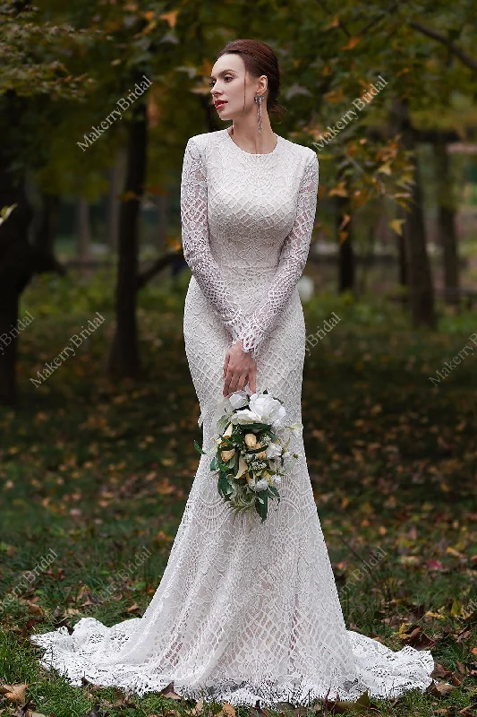 Modest Long Sleeves Lace Mermaid Wedding Dress