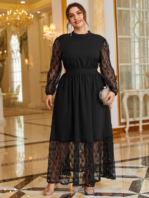 Elegant Plain Contrast Lace Long Sleeve Stand Collar Flared High Waist Maxi Plus Size Dress