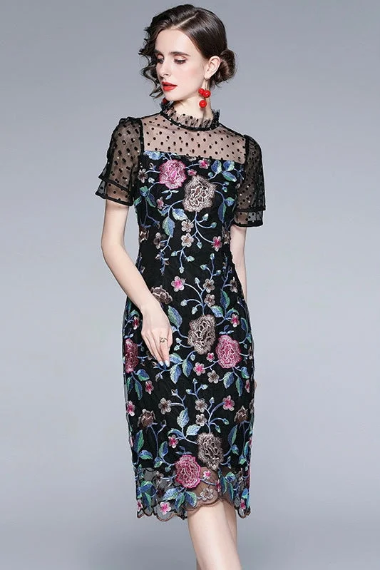 Black Floral Embroidered Dress Monochromatic All - in - one
