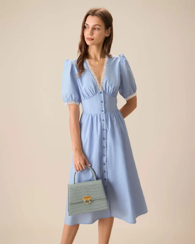 Women's Blue V-Neck Puffed Sleeve Midi Dress Gym