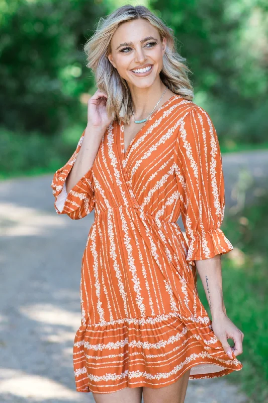 Orange Floral Print Surplice Front Dress