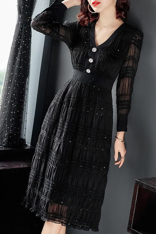 V Neck Dress W/ Jewel Button Traditional Women's Wool