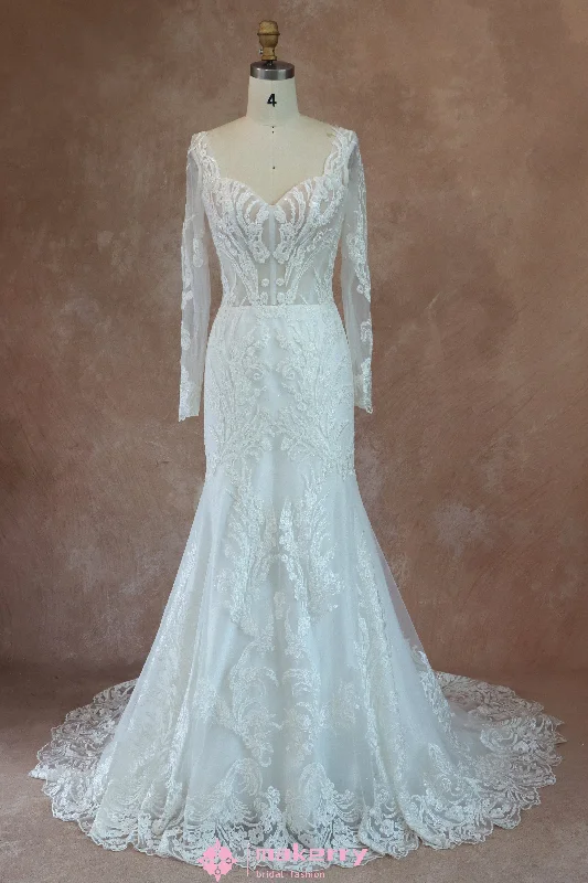 Romantic Mermaid Sweetheart Bridal Gown With Detachable Illusion Long Sleeves