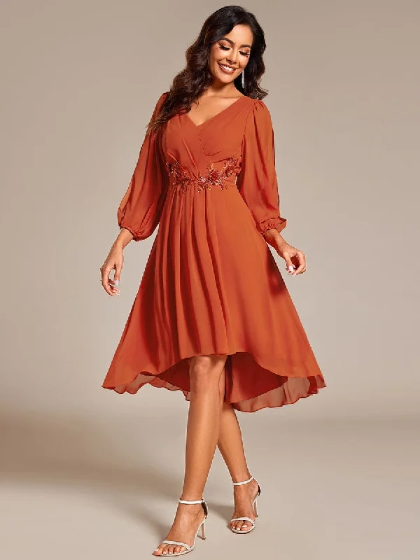 Warm Elise | Long Sleeves Waist Applique A-Line Midi Chiffon Wedding Guest Dress