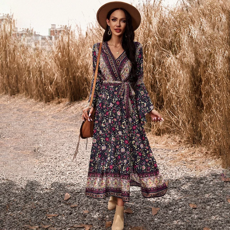 Vintage Floral Printed Ruffle Sleeve V-Neck Tie A-Line Long Dresses Wholesale Dresses