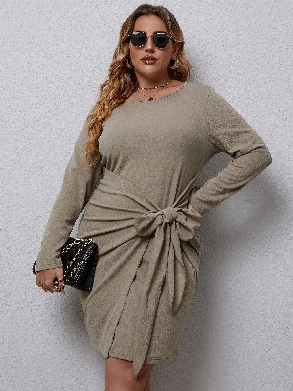 Casual Plain Knot Long Sleeve Round Neck Straight High Waist Short Plus Size Dress