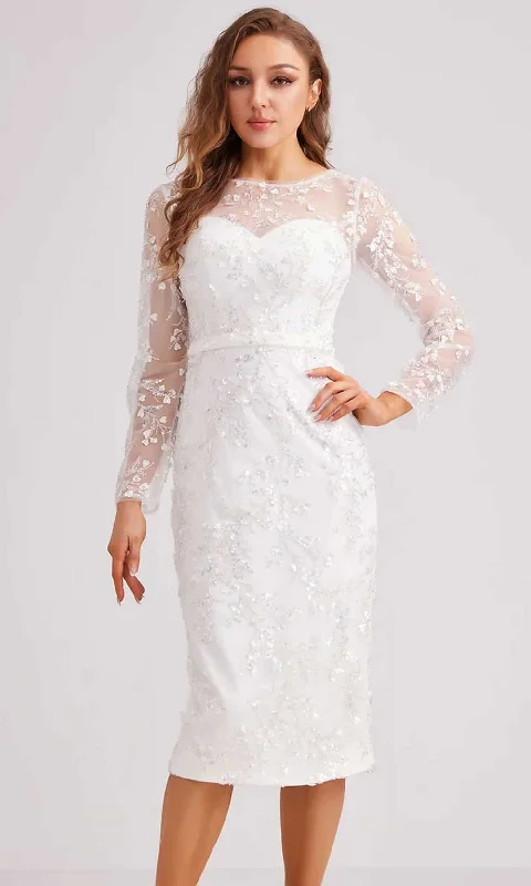 J'Adore Dresses J23065 - Embroidered Long Sleeve Knee-Length Dress